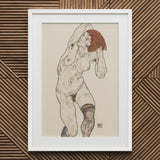 Nude in Black Stockings - Egon Schiele Art Print / Canvas Framed Artwork Figure Reddish-brown Hair Rendered Sketchy Schiele’s, Prints