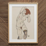 Nude in Black Stockings - Egon Schiele Art Print / Canvas Framed Artwork Figure Reddish Hair Detailed Linework Schiele’s, Prints
