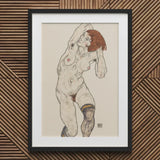 Nude in Black Stockings - Egon Schiele Art Print / Canvas Framed Artwork Sketch Woman Reddish Hair Rendered Schiele’s, Prints
