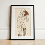 Nude in Black Stockings - Egon Schiele Art Print / Canvas Framed Artwork Stylized Figure Red Hair Detailed Schiele’s, Prints