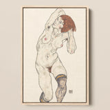 Nude in Black Stockings - Egon Schiele Art Print / Canvas Framed Artwork Woman Reddish-brown Hair Rendered Sketchy Schiele’s, Prints