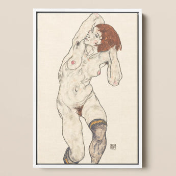 Nude in Black Stockings - Egon Schiele Art Print / Canvas Framed Artwork Woman Reddish-brown Hair Rendered Soft Schiele’s, Prints