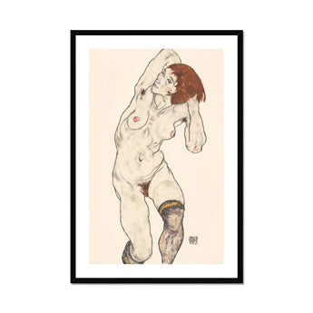 Nude in Black Stockings - Egon Schiele Art Print, Nude Figure Sketch Black Stockings Red Hair Expressive