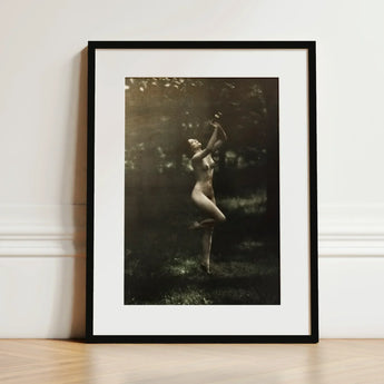 Nude Dancer with Aulos - Arnold Genthe Art Print / Canvas Black-framed Sepia-toned Photograph Woman Outdoor, Genthe’s, Left Knee Folds,