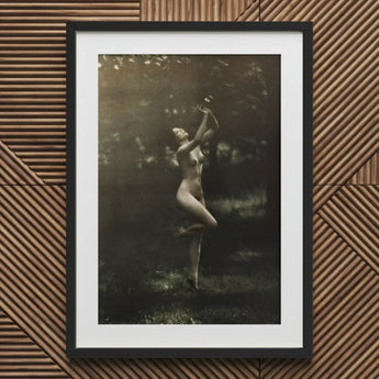 Nude Dancer with Aulos - Arnold Genthe Art Print / Canvas Black-framed Sepia-toned Photograph Woman Outdoor, Genthe’s, Left Knee Folds,