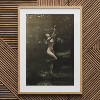 Nude Dancer with Aulos - Arnold Genthe Art Print / Canvas Framed Black-and-white Photograph Woman Outdoor Enclosed Light, Genthe’s, Left