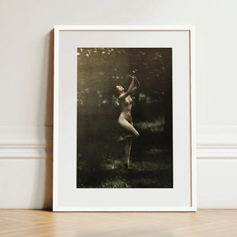 Nude Dancer with Aulos - Arnold Genthe Art Print / Canvas Framed Black-and-white Photograph Woman Outdoor Enclosed Simple, Genthe’s, Left