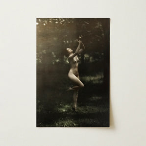 Nude Dancer with Aulos - Arnold Genthe Art Print / Canvas Sepia-toned Photographic Woman Expressive Pose Wooded, Genthe’s, Left Knee Folds,