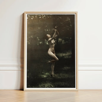 Nude Dancer with Aulos - Arnold Genthe Art Print / Canvas Framed Black-and-white Photograph Woman Outdoor Encased Light, Genthe’s, Left