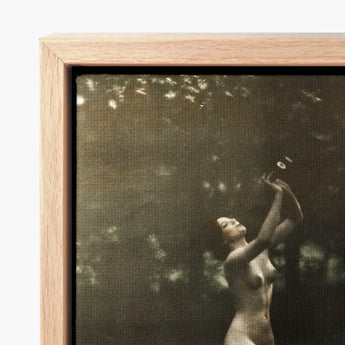 Nude Dancer with Aulos - Arnold Genthe Art Print / Canvas Framed Black-and-white Photograph Woman Upward Encased Light, Genthe’s, Left Knee