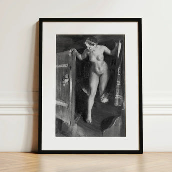Nude Girl in Doorway - Anders Zorn Art Print / Canvas Black-framed Artwork Monochrome Painting Figure Open Door, Paints, Hometown’s Bathing