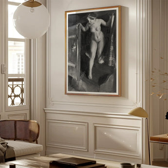 Nude Girl in Doorway - Anders Zorn Art Print / Canvas Framed Black-and-white Painting Figure Motion Encased Elegant, Paints, Hometown’s