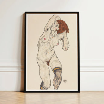 Nude in Black Stockings - Egon Schiele Art Print / Canvas Framed Artwork Figure Reddish-brown Hair Rendered Sketchy Schiele’s, Prints
