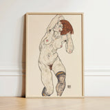 Nude in Black Stockings - Egon Schiele Art Print / Canvas Framed Artwork Figure Reddish-brown Hair Rendered Sketchy Schiele’s, Prints