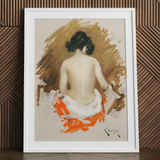 Mujer japonesa desnuda - Lámina artística de William Merritt Chase / Lienzo, 24x32’’ / 61x81cm / Marco blanco / Passepartout, Pósters, impresiones y arte visual