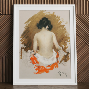 Mujer japonesa desnuda - Lámina artística de William Merritt Chase / Lienzo, 24x32’’ / 61x81cm / Marco blanco / Passepartout, Pósters, impresiones y arte visual