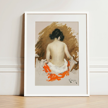 Nude Japanese Woman - William Merritt Chase Art Print / Canvas Framed Watercolor Painting Woman Profile Bold Orange Brown William Merritt