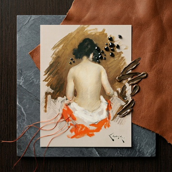 Nude Japanese Woman - William Merritt Chase Art Print / Canvas Watercolor Painting Cream Paper Woman Dark Hair Orange William Merritt