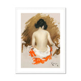 Nude Japanese Woman - William Merritt Chase Art Print, Watercolor Painting Nude Figure’s Orange Fabric Draped