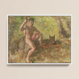 A Nude Male with a Dog in Forest - Julius Paulsen Fine Art Print / Canvas, 16x12’’ / 41x31cm / White Frame, Posters Prints & Visual