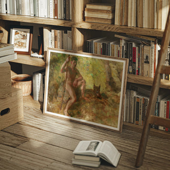 A Nude Male with a Dog in Forest - Julius Paulsen Fine Art Print / Canvas Framed Oil Painting Nude Male Figure Earthy Impressionistic