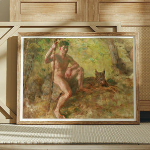 Un hombre desnudo con un perro en el bosque - Julius Paulsen Fine Art Print / Canvas, pósters, impresiones y obra visual, Toby Leon