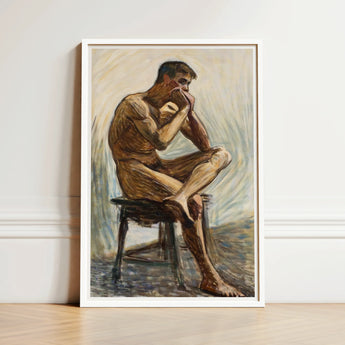 Nude Man Playing Harmonica - Eugene Jansson Art Print / Canvas Framed Painting Male Figure Seated Stool Rendered, Lips Sealed, Instrument