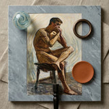 Nude Man Playing Harmonica - Eugene Jansson Art Print / Canvas Framed Painting Contemplative Pose Rendered Earthy, Lips Sealed, Instrument