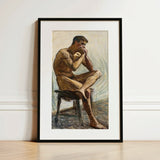 Nude Man Playing Harmonica - Eugene Jansson Art Print / Canvas Framed Painting Male Figure Seated Stool Rendered, Lips Sealed, Instrument