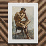 Nude Man Playing Harmonica - Eugene Jansson Art Print / Canvas White Framed Artwork Seated Brown Tones Head, Lips Sealed, Instrument Hums