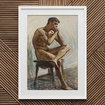 Nude Man Playing Harmonica - Eugene Jansson Art Print / Canvas White Framed Artwork Seated Brown Tones Head, Lips Sealed, Instrument Hums
