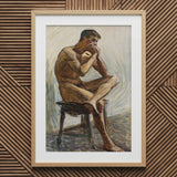 Nude Man Playing Harmonica - Eugene Jansson Art Print / Canvas Wooden-framed Artwork Seated Figure Muted Tones, Lips Sealed, Instrument