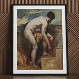 Nude Man Tying His Sandal - William Etty Art Print / Canvas Black-framed Classical Painting Male Figure Etty’s, Gay, Prints