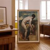 Nude Man Tying His Sandal - William Etty Art Print / Canvas Framed Classical Painting Figure Downward Cloudy Sky Etty’s, Gay, Prints