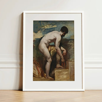 Nude Man Tying His Sandal - William Etty Art Print / Canvas White-framed Classical Painting Male Figure Etty’s, Gay, Prints