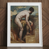 Nude Man Tying His Sandal - William Etty Art Print / Canvas White-framed Reproduction El Greco’s ?The Burial Count Orgaz” William Etty’s Nude