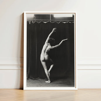 Minimalist White-framed Black-and-white Photographic Print Nude Dancer Expressive Arm Arcs Overhead, Catching Studio Light, Arnold Genthe
