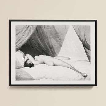 Nude Reclining on Curtained Bed - Adam Buck Art Print / Canvas Black-framed Artwork Monochrome Lithograph Figure Pillows Beneath Spine’s