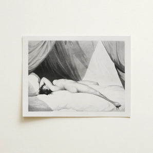 Nude Reclining on Curtained Bed - Adam Buck Art Print / Canvas Black-and-white Lithograph Figure Pillows Beneath Draped Spine’s Long