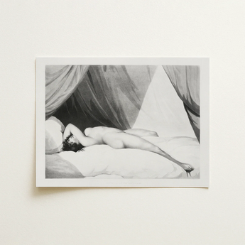 Nude Reclining on Curtained Bed - Adam Buck Art Print / Canvas Black-and-white Lithograph Print Nude Figure Pillows Beneath Draped Spine’s