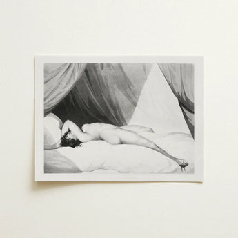 Nude Reclining on Curtained Bed - Adam Buck Art Print / Canvas Black-and-white Lithograph Figure Pillows Beneath Draped Spine’s Long
