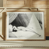 Nude Reclining on Curtained Bed - Adam Buck Art Print / Canvas Framed Black-and-white Figure Soft Drapery Encased Spine’s Long Furrow,