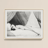 Nude Reclining on Curtained Bed - Adam Buck Art Print / Canvas Framed Black-and-white Lithograph Figure Draped Curtains Encased Spine’s