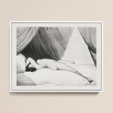 Nude Reclining on Curtained Bed - Adam Buck Art Print / Canvas Framed Black-and-white Lithograph Figure Pillows Beneath Draped Spine’s Long