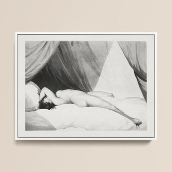 Nude Reclining on Curtained Bed - Adam Buck Art Print / Canvas Framed Black-and-white Lithograph Figure Pillows Beneath Draped Spine’s Long
