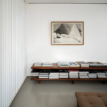 Nude Reclining on Curtained Bed - Adam Buck Art Print / Canvas Minimalist Wooden Media Console Warm Brown Finish Two Spine’s Long Furrow,
