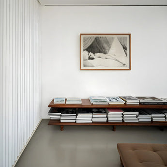 Nude Reclining on Curtained Bed - Adam Buck Art Print / Canvas Minimalist Wooden Media Console Warm Brown Finish Two Spine’s Long Furrow,