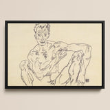 Nude Self Portrait - Egon Schiele Fine Art Print / Canvas Black-framed Artwork Sketch Male Figure Dynamic Pose Schiele’s, Self-portrait