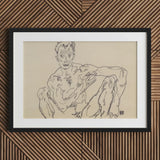 Nude Self Portrait - Egon Schiele Fine Art Print / Canvas Black Framed Sketch Figure Exposed Chest Muscular Arms Schiele’s, Self-portrait