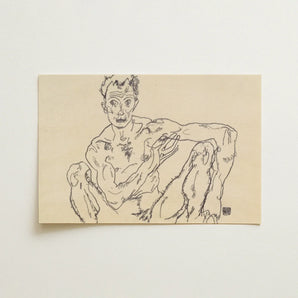 Nude Self Portrait - Egon Schiele Fine Art Print / Canvas Black Ink Line Beige Paper Depicts Muscular Schiele’s, Self-portrait Hisses,
